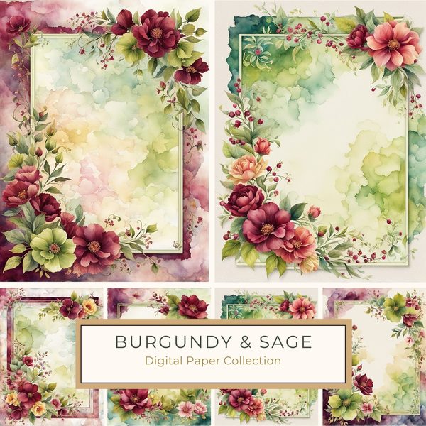Burgundy Floral Frame Digital Paper: Sage Background (10 JPGs) (Digital Download)