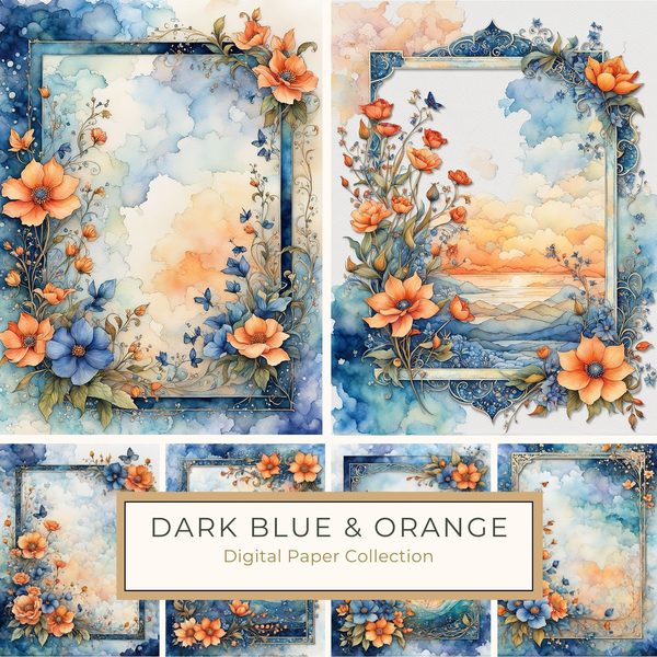 Watercolor Floral Frame Digital Paper Pack: Orange Flowers, Blue Border (10 JPGs)