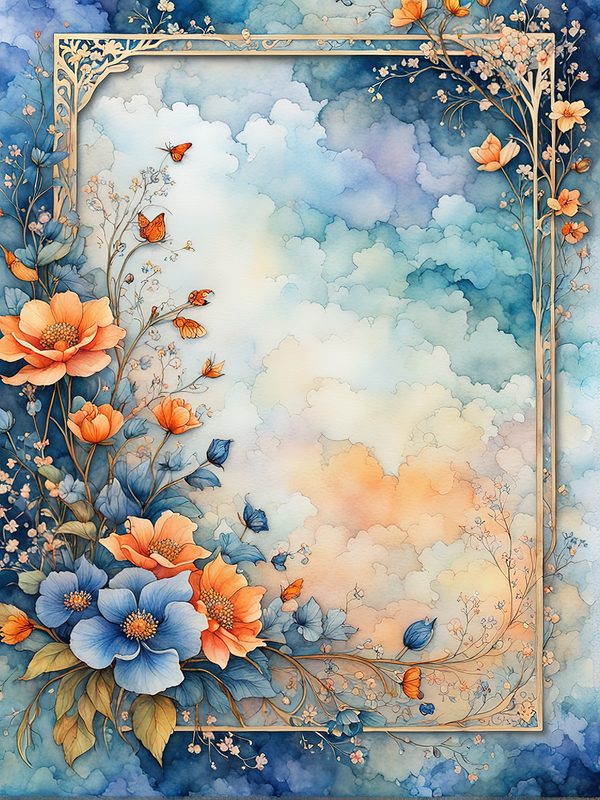 Watercolor Floral Frame Digital Paper Pack: Orange Flowers, Blue Border (10 JPGs) — image 1