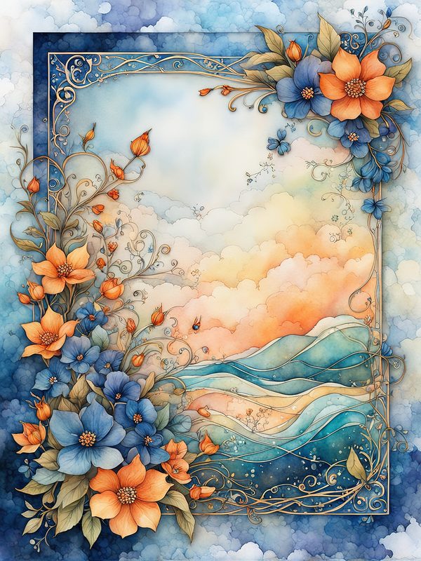 Watercolor Floral Frame Digital Paper Pack: Orange Flowers, Blue Border (10 JPGs) — image 2