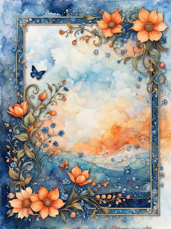 Watercolor Floral Frame Digital Paper Pack: Orange Flowers, Blue Border (10 JPGs) — image 3