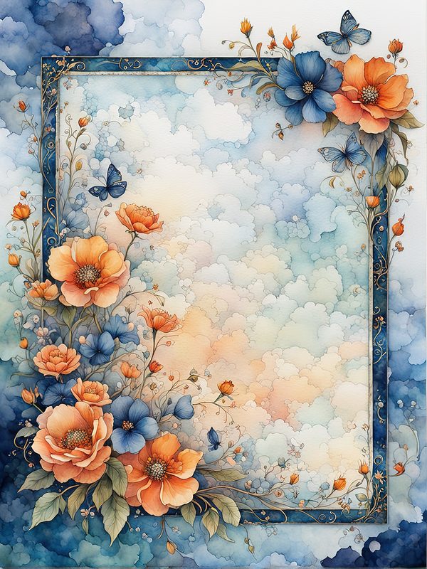 Watercolor Floral Frame Digital Paper Pack: Orange Flowers, Blue Border (10 JPGs) — image 4