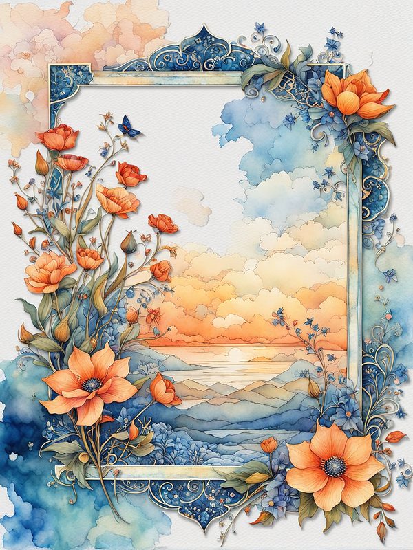 Watercolor Floral Frame Digital Paper Pack: Orange Flowers, Blue Border (10 JPGs) — image 5