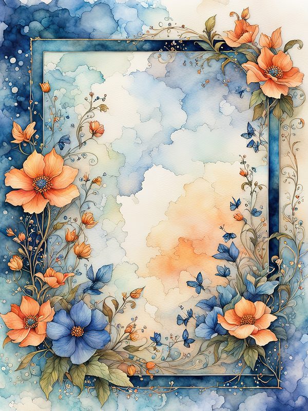 Watercolor Floral Frame Digital Paper Pack: Orange Flowers, Blue Border (10 JPGs) — image 6