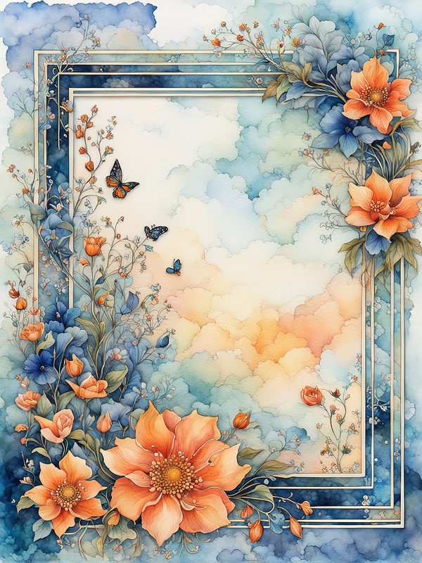 Watercolor Floral Frame Digital Paper Pack: Orange Flowers, Blue Border (10 JPGs) — image 7