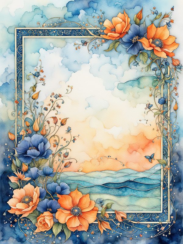 Watercolor Floral Frame Digital Paper Pack: Orange Flowers, Blue Border (10 JPGs) — image 8