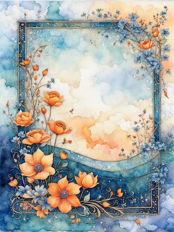 Watercolor Floral Frame Digital Paper Pack: Orange Flowers, Blue Border (10 JPGs) — image 9