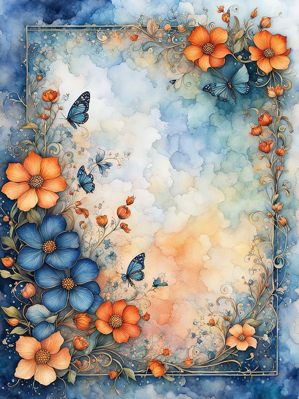 Watercolor Floral Frame Digital Paper Pack: Orange Flowers, Blue Border (10 JPGs) — image 10