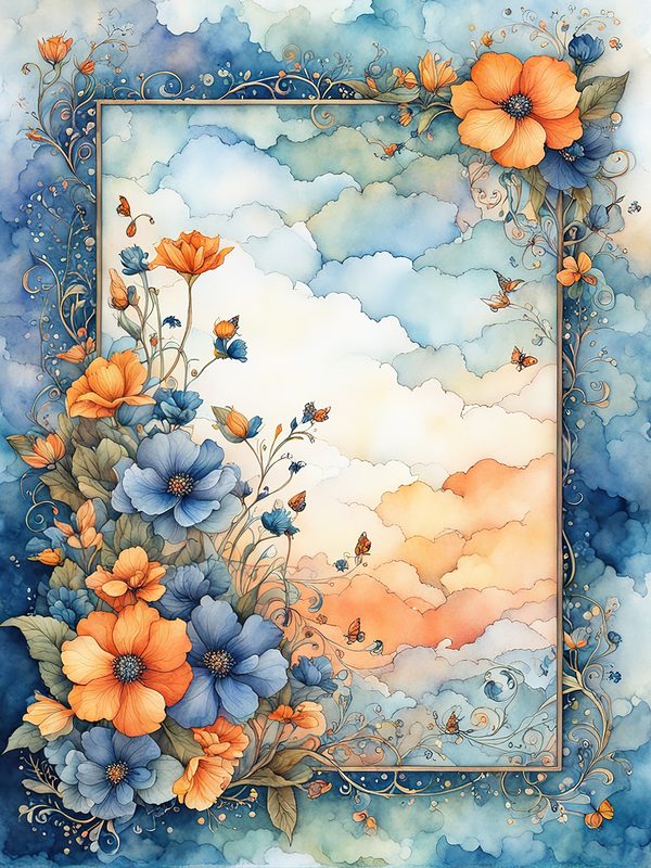 Watercolor Floral Frame Digital Paper Pack: Orange Flowers, Blue Border (10 JPGs) — image 11
