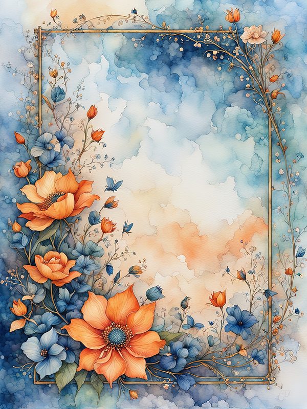 Watercolor Floral Frame Digital Paper Pack: Orange Flowers, Blue Border (10 JPGs) — image 12