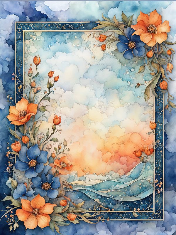 Watercolor Floral Frame Digital Paper Pack: Orange Flowers, Blue Border (10 JPGs) — image 13