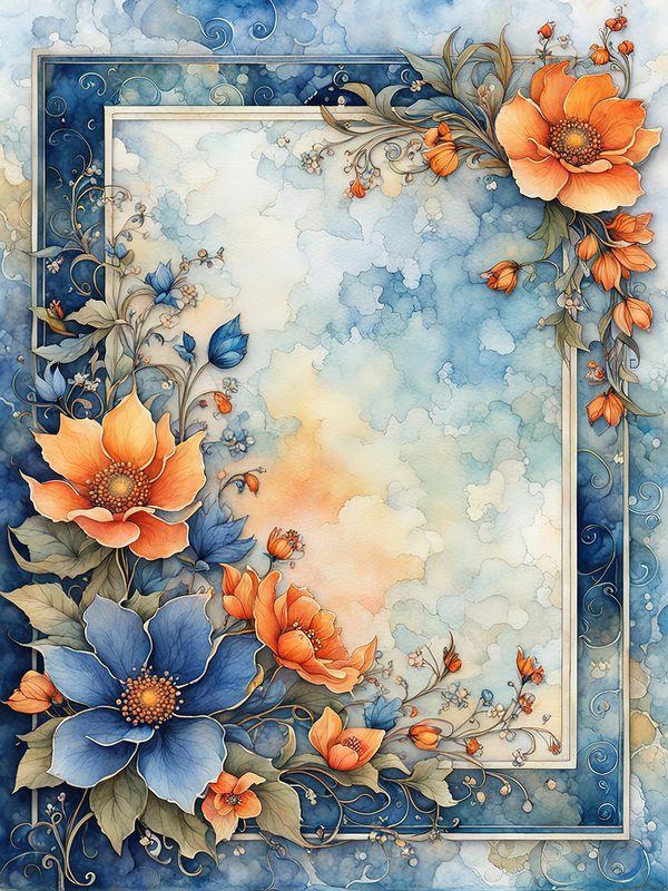 Watercolor Floral Frame Digital Paper Pack: Orange Flowers, Blue Border (10 JPGs) — image 14