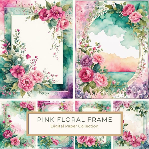Watercolor Pink Flower Frame: Botanical Digital Paper Pack (10 JPGs)