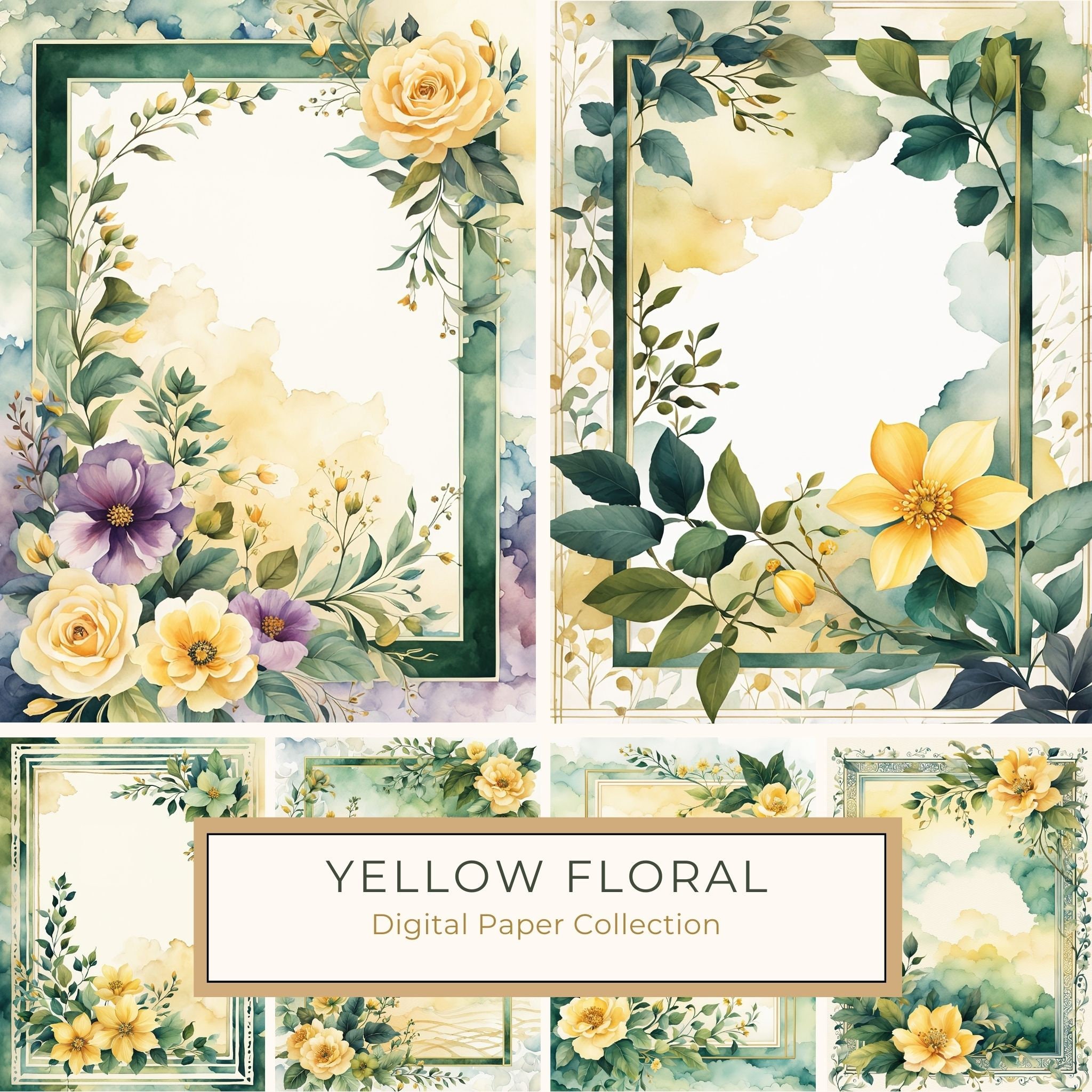 Watercolor Yellow Floral Frame Digital Paper Pack (10 JPGs)