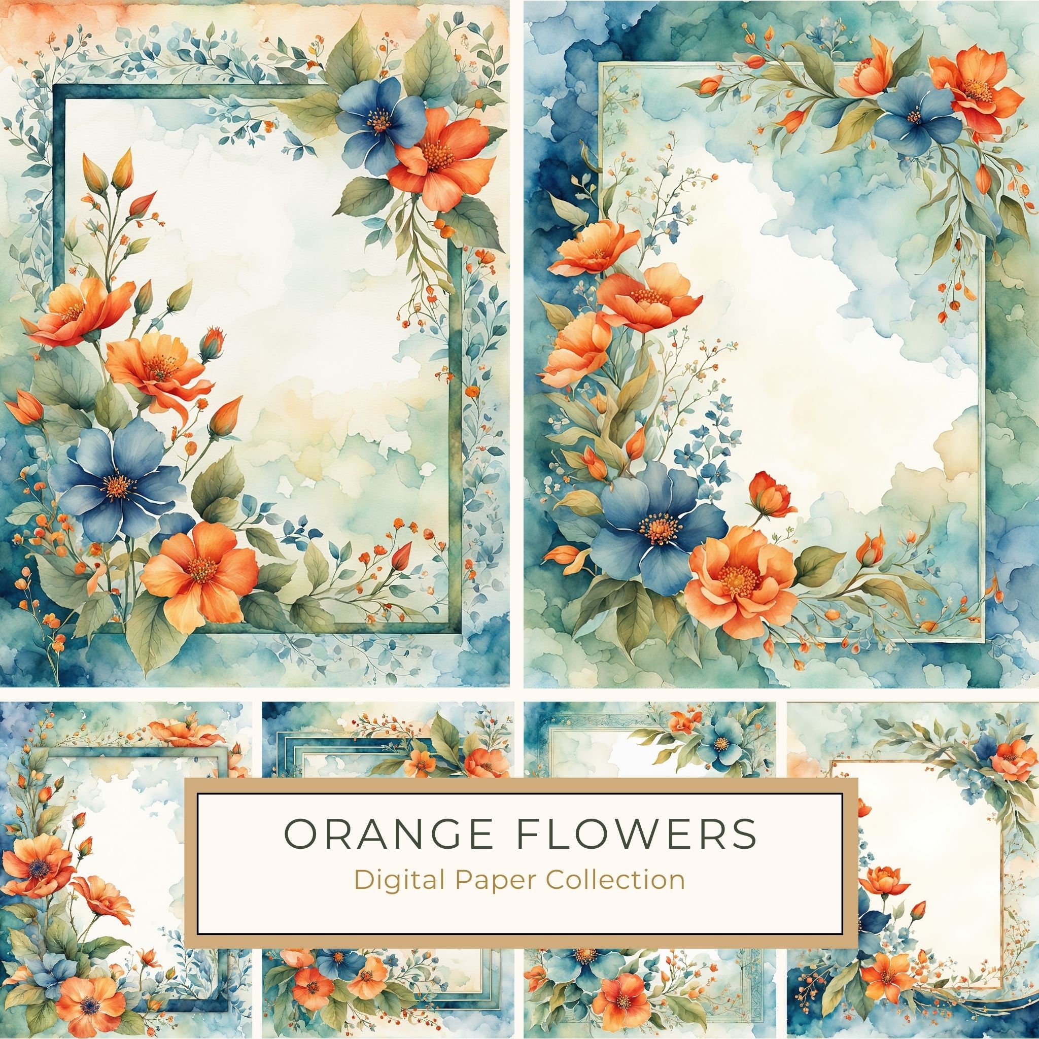 Watercolor Floral Frame Digital Paper: Orange Flowers, Blue Border (10 JPGs)