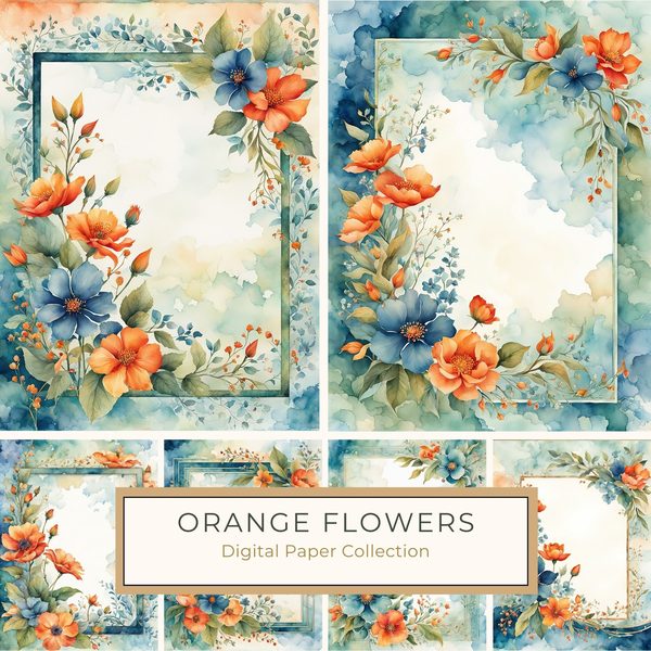 Watercolor Floral Frame Digital Paper: Orange Flowers, Blue Border (10 JPGs)