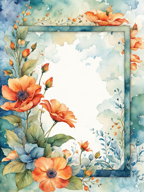 Watercolor Floral Frame Digital Paper: Orange Flowers, Blue Border (10 JPGs) — image 1
