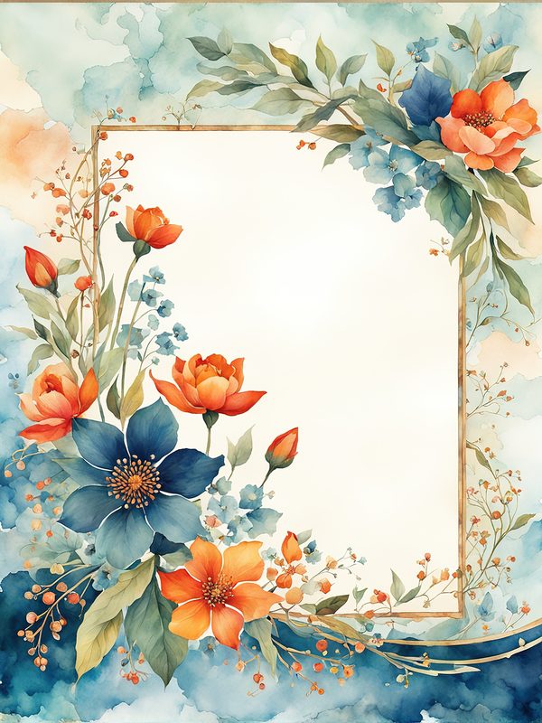 Watercolor Floral Frame Digital Paper: Orange Flowers, Blue Border (10 JPGs) — image 2