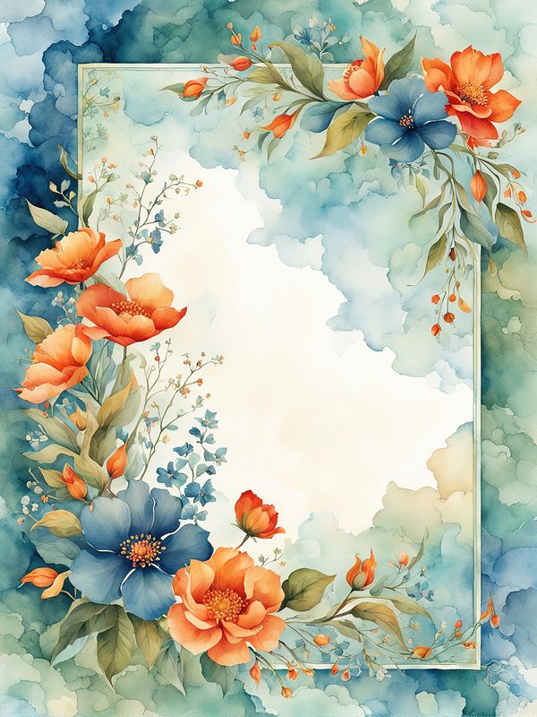 Watercolor Floral Frame Digital Paper: Orange Flowers, Blue Border (10 JPGs) — image 3