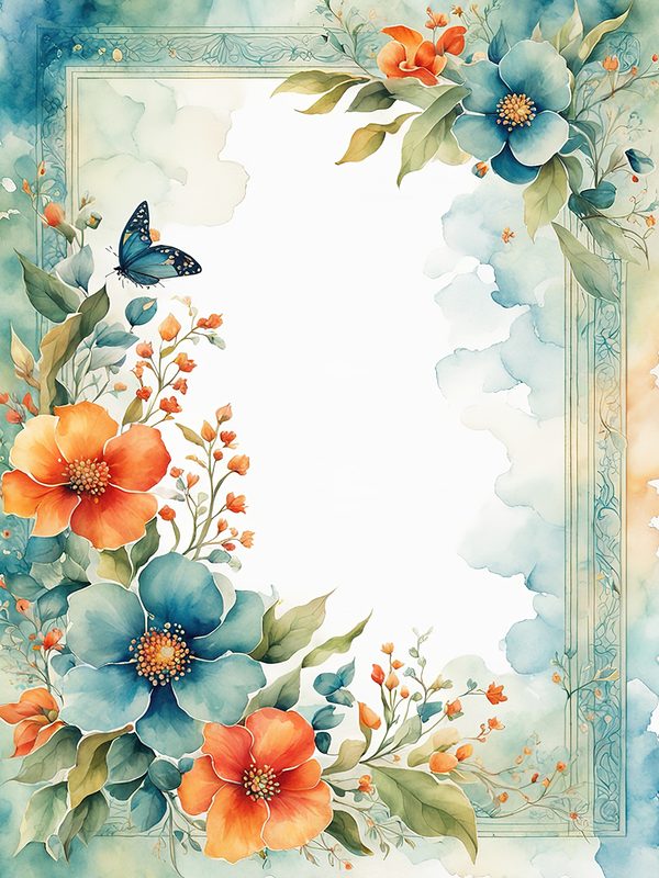 Watercolor Floral Frame Digital Paper: Orange Flowers, Blue Border (10 JPGs) — image 4