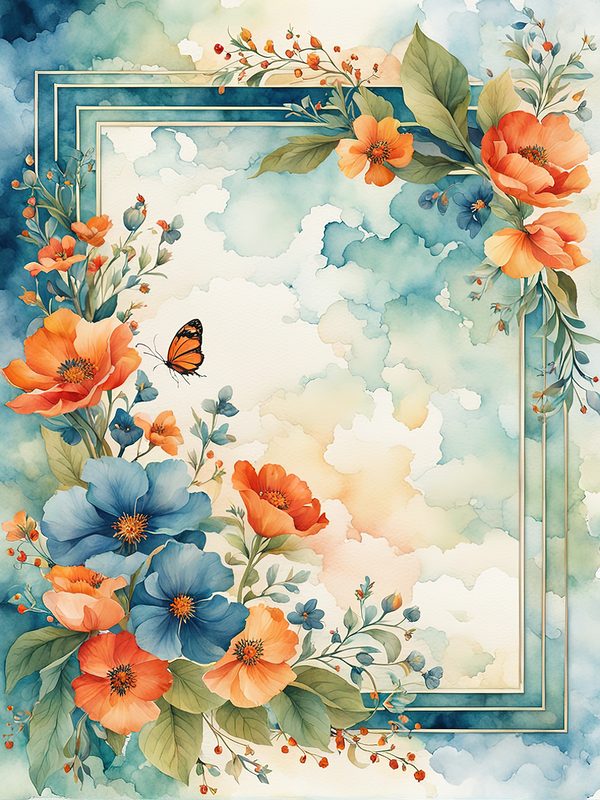 Watercolor Floral Frame Digital Paper: Orange Flowers, Blue Border (10 JPGs) — image 5
