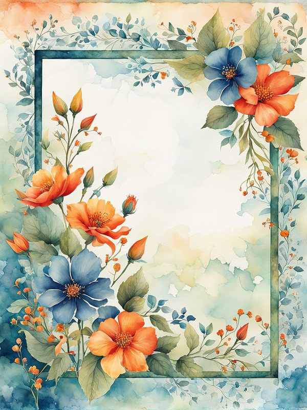 Watercolor Floral Frame Digital Paper: Orange Flowers, Blue Border (10 JPGs) — image 6
