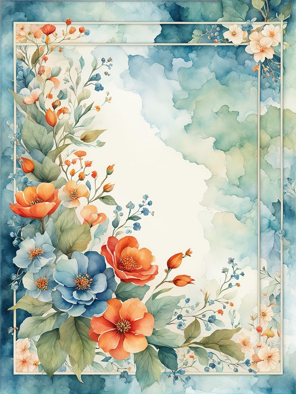 Watercolor Floral Frame Digital Paper: Orange Flowers, Blue Border (10 JPGs) — image 7