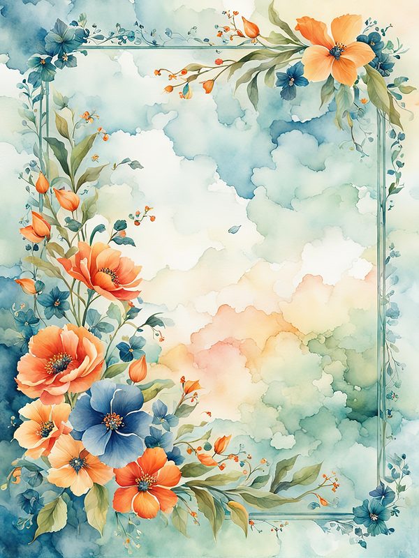 Watercolor Floral Frame Digital Paper: Orange Flowers, Blue Border (10 JPGs) — image 8