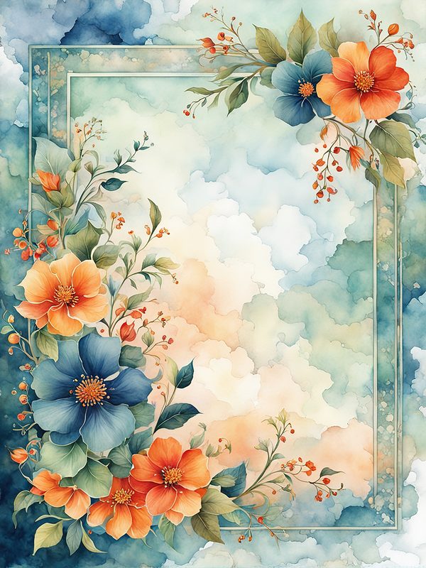 Watercolor Floral Frame Digital Paper: Orange Flowers, Blue Border (10 JPGs) — image 9