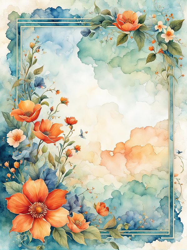 Watercolor Floral Frame Digital Paper: Orange Flowers, Blue Border (10 JPGs) — image 10