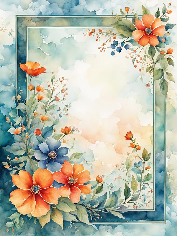 Watercolor Floral Frame Digital Paper: Orange Flowers, Blue Border (10 JPGs) — image 11