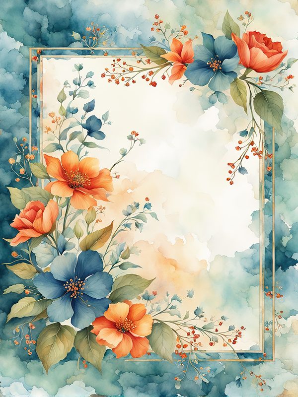 Watercolor Floral Frame Digital Paper: Orange Flowers, Blue Border (10 JPGs) — image 12