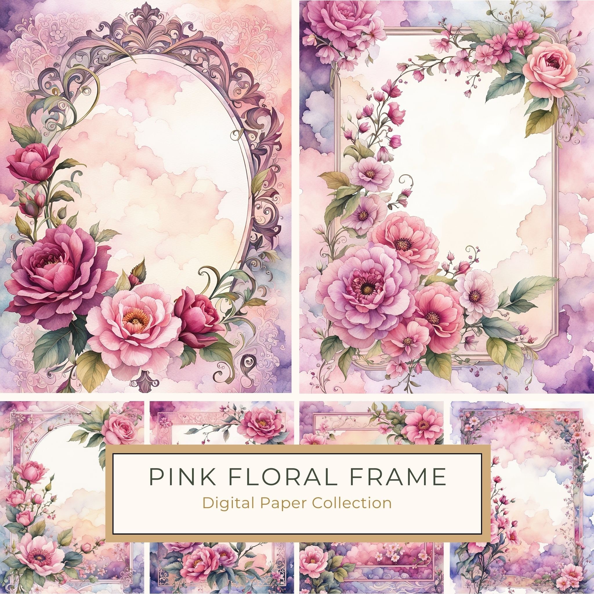 Watercolor Floral Frame Digital Paper: Pink & Mauve Botanical Borders (10 JPGs)