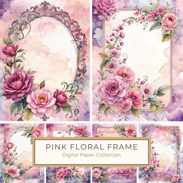 Watercolor Floral Frame Digital Paper: Pink & Mauve Botanical Borders (10 JPGs)