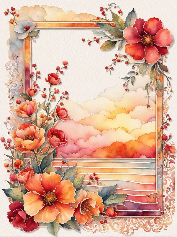 Watercolor Floral Frame: Red & Orange Flowers Digital Paper (10 JPGs) — image 1