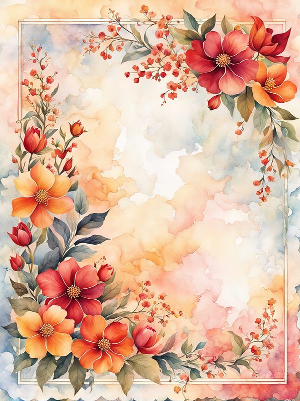 Watercolor Floral Frame: Red & Orange Flowers Digital Paper (10 JPGs) — image 2