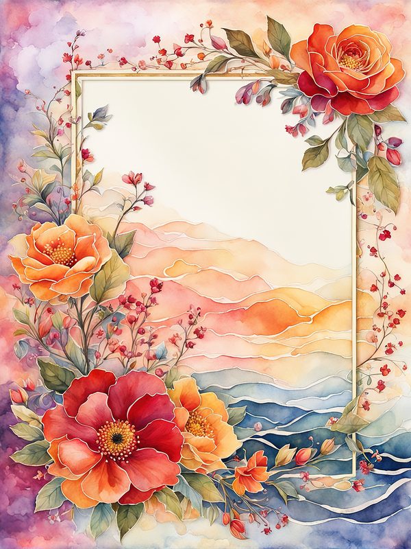 Watercolor Floral Frame: Red & Orange Flowers Digital Paper (10 JPGs) — image 3