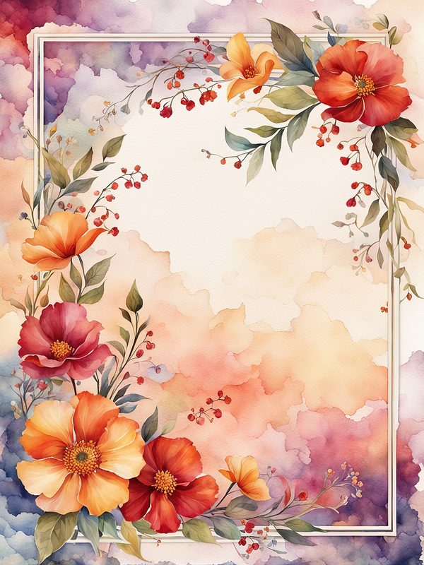 Watercolor Floral Frame: Red & Orange Flowers Digital Paper (10 JPGs) — image 4