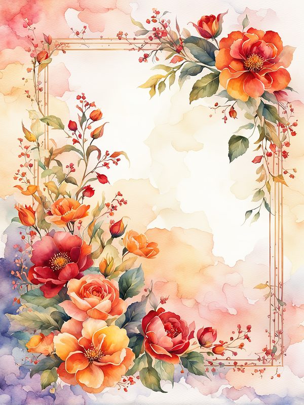 Watercolor Floral Frame: Red & Orange Flowers Digital Paper (10 JPGs) — image 5