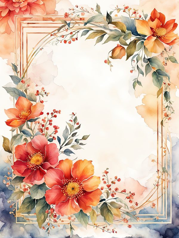 Watercolor Floral Frame: Red & Orange Flowers Digital Paper (10 JPGs) — image 6