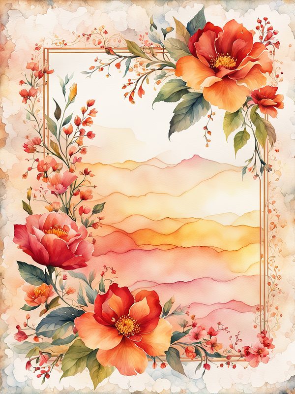 Watercolor Floral Frame: Red & Orange Flowers Digital Paper (10 JPGs) — image 7