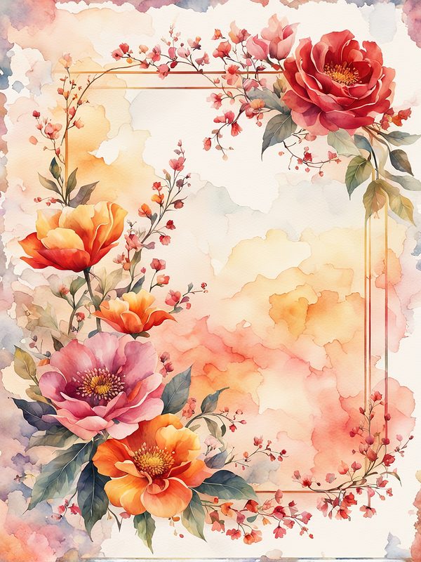 Watercolor Floral Frame: Red & Orange Flowers Digital Paper (10 JPGs) — image 9