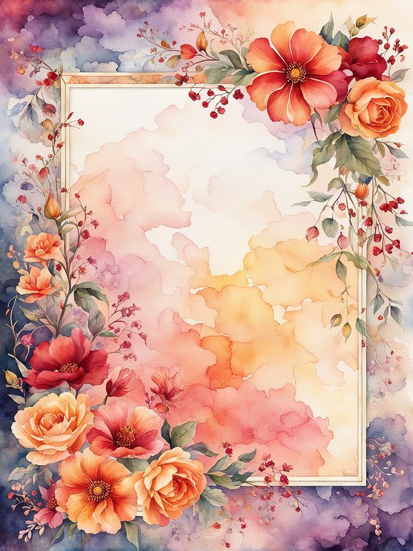 Watercolor Floral Frame: Red & Orange Flowers Digital Paper (10 JPGs) — image 10