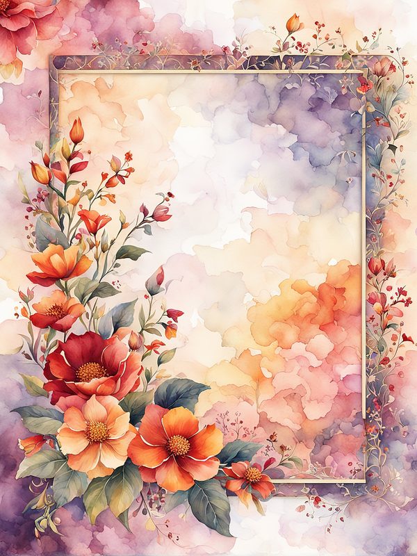 Watercolor Floral Frame: Red & Orange Flowers Digital Paper (10 JPGs) — image 11