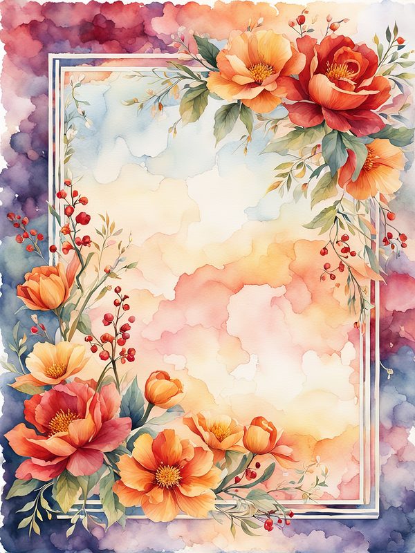 Watercolor Floral Frame: Red & Orange Flowers Digital Paper (10 JPGs) — image 12