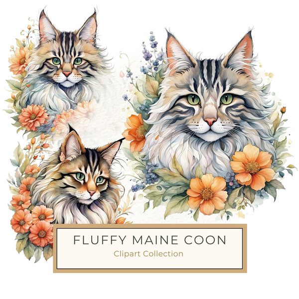 Maine Coon Cat Watercolor Clipart Set, Boho Style (JPG, PNG)