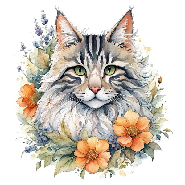 Maine Coon Cat Watercolor Clipart Set, Boho Style (JPG, PNG) — image 4