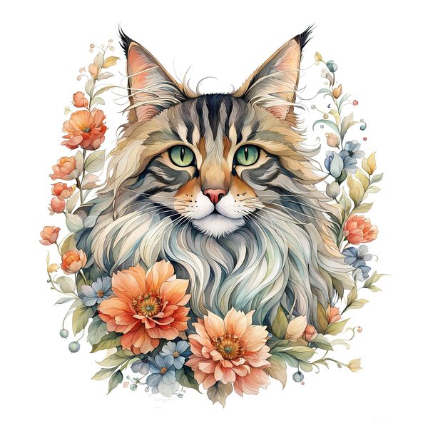 Maine Coon Cat Watercolor Clipart Set, Boho Style (JPG, PNG) — image 7