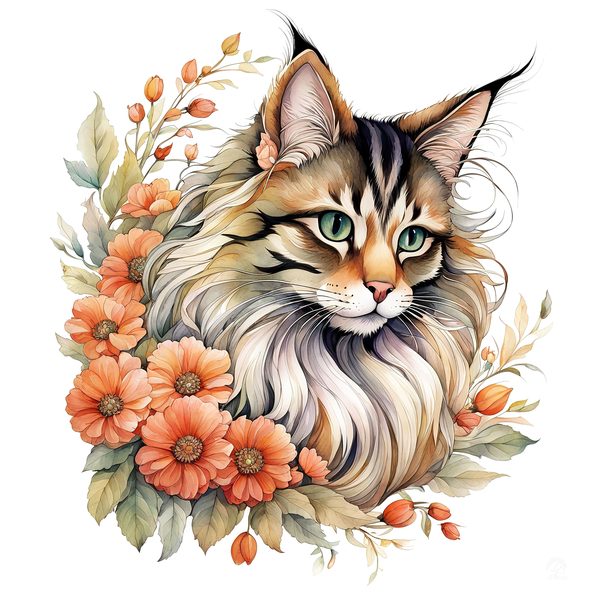 Maine Coon Cat Watercolor Clipart Set, Boho Style (JPG, PNG) — image 8