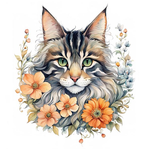 Maine Coon Cat Watercolor Clipart Set, Boho Style (JPG, PNG) — image 9